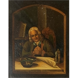 Small oil on panel of a man seated at a table with clasped hands, 12cm x 10cm