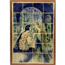 A set of frames tiles decorated with an Art Deco courting scene, 64cm x 45cm overall 