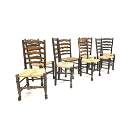 Harlequin set of eight 19th century oak ladder back chairs, with rush seats and turned supports, W49cm