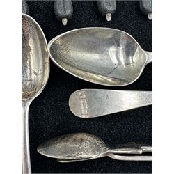 Set of twelve silver bead knop coffee spoons Sheffield 1915 (one bead missing), set of six silver tea spoons Sheffield 1916, five various silver tea spoons and two pairs of sugar tongs 9.9oz