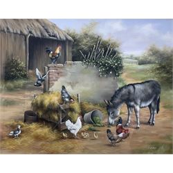 Carl Whitfield (British 1958-): Donkey and Chickens in the Farmyard, oil on canvas signed 38cm x 49cm