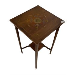 Edwardian mahogany occasional table, square top with inlaid chequered feather stringing, painted with harp and trumpet motif surrounded by floral garlands, the square tapering supports united by undertier