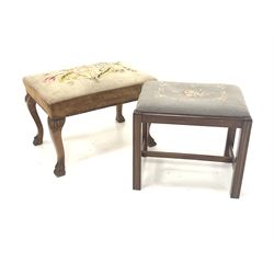 Late 19th century walnut stool, with needlework upholstered top, raised on shell carved cabriole supports with paw feet (W66cm) together with a George III style mahogany stool (W53cm)
