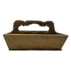 French design carved oak cutlery tray, rectangular tapered from with pierced handle carved with scrolling foliage and flower heads, two divisions W47cm 