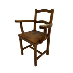 Acornman - Yorkshire oak carver elbow chair, the waived ladder back over tan hide seat with brass stud work, raised on chamfered supports united by H stretcher, by Alan Grainger of Brandsby