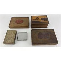 Inlaid hard wood cigarette dispenser, La Famosa cigar box and contents of dominoes, another cigar box, brass cigarette box etc