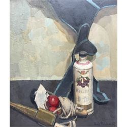 Hugh Ralph Micklem (British 1918-2009): Still Life with Toys and Bottle, oil on board signed 45cm x 38cm