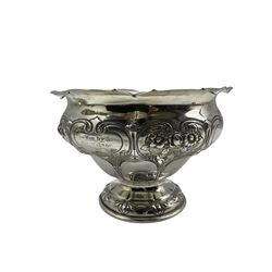 Edwardian silver rose bowl golf trophy 'Tyneside Golf Club' with embossed decoration and short pedestal foot D16cm Sheffield 1902 Maker Atkin Bros. 9.2oz