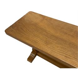 Mouseman - oak coffee table, rectangular adzed top on octagonal pillars, sledge feet joined by floor stretcher, carved with mouse signature, by the workshop of Robert Thompson, Kilburn 