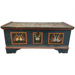 19th century Swedish painted pine chest or coffer, rectangular hinged top and front painted with three folk art floral panels of tulips, daisies and wild flowers, with wrought iron fittings and a lozenge shaped escutcheon, on bracket feet