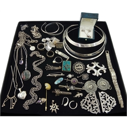Collection of silver jewellery including brooches, necklaces, cufflinks stone set necklaces, silver watch, all stamped or hallmarked, two metal necklaces and other jewellery