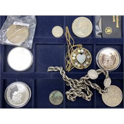 Great British and World coins including commemorative crowns, King George VI 1945 halfcrown, United States of America 1993 Liberty one ounce fine silver dollar, pre-Euro coinage etc and various copy or reproduction coins including examples by Westair Reproductions Ltd etc