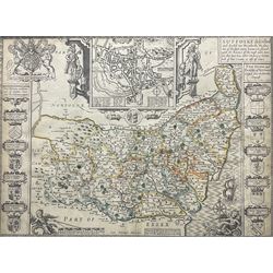John Speed (British 1552-1629): 'Suffolke Described and Divided into Hundreds, The Situation of the fayre towne Ipswich shewed, with the Armes of the most noble families that have bene either Dukes or Earles both of that Countie as also of Clare', 17th century engraved map of Suffolk with hand-colouring pub. George Huble [Humble] c1612-1624, 39cm x 51cm