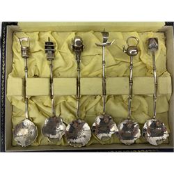 Set of six Chinese teaspoons, the finials formed as rickshaw, pagoda, boat etc, the bowls marked 950 Sterling, cased and a glass block inkwell with silver cover Birmingham 1900