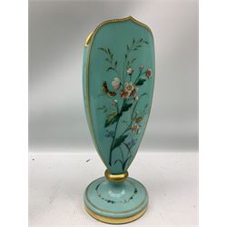 Victorian turquoise opaline glass vase painted with heron and lilies in riverbank scene another decorated with insects and flowers with gilt banding, together with four similar max H41cm (6)