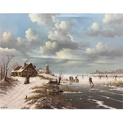 Continental School (20th century): Skating on a Frozen Dutch River, oil on canvas signed 'K Keijzer' 39cm x 50cm 