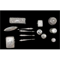 Engraved silver cigarette case Birmingham 1915, silver vesta case, five silver manicure implements and a number of glass and silver mounted dressing table jars weighable silver 3.9oz
