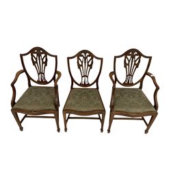 Set eight (6+2) regency design dining chairs, the splat back over drop in seat pad, raised on square tapering supports, terminating in peg feet 