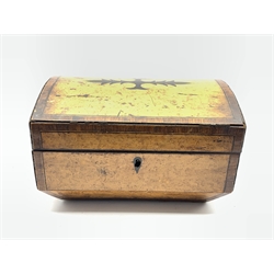  19th century birdseye maple cushion shape box, the domed hinged cover crossbanded in rosewood and with lion mask handles W26cm  