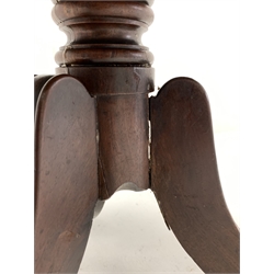 Regency mahogany tripod table, rectangular tilt top with rounded corners, raised on ring turned column and three scrolled splayed and moulded supports 