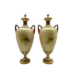 Pair of late Victorian Royal Worcester two handled baluster vases and covers painted with fruit, leaves, spiders etc on a blush ivory ground on a short pedestal foot, date code 1896/7 H34cm 