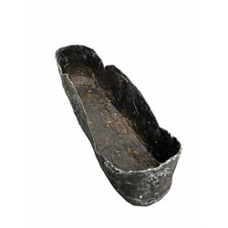 Early 19th century lead trough planter, the lobed top over strap work design centred by lion mask W65cm