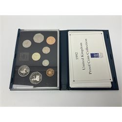 The Royal Mint United Kingdom 1992 proof coin collection, including dual dated 1992 1993 fifty pence, in blue folder with certificate 