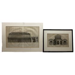 Robert Wallace Hester (British 1866-1942): 'Lancing College', pair etchings signed and titled; Paul Fourdrinier (British 18th century): 'Burlington Arch - Aedes Concentus Eboracensis', pair architectural engravings from 'Eboracum: or, the history and antiquities of the City of York' by Francis Drake pub. 1736 max 31cm x 49cm (4)