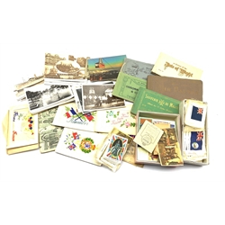 Six WWI silk postcards, collection of silk and other cigarette cards, post card booklets from Malta, Morocco, Isle of Wight etc and a number of post cards from the 1951 Festival of Britain