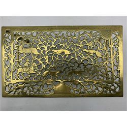 Rectangular pierced brass trivet / foot warmer depicting hunting scenes on raised legs together with copper and brass kettle with loop handle and acorn finial max H30cm