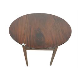 George III mahogany Pembroke table, oval drop leaf top, fitted with single drawer with brass ring handles, raised on square tapering supports