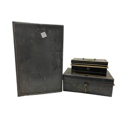 Two early 20th century black japanned deed boxes and a similar 19th century safe, H48.cm (3)