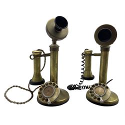 Two brass candlestick telephones with rotary dials, H32cm (2)