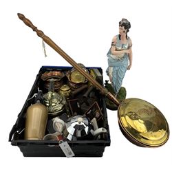 Pair of Art Nouveau copper vases, warming pan, painted spelter figure, pierced silver-plated dish, brass kettle and other metal ware in one box