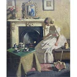 Sydney Noel (Noël) Simmons (British 1880-1916): An Interior Scene with Girl Toasting Bread by the Fire with Self Portrait of Artist in Mirror on the Mantle, oil on canvas unsigned 60cm x 50cm
Notes: The attribution was suggested by Professor Kenneth McConkey in a communication to Paul Liss dated April 2021, kindly supplied to us via Charles Beddington: 
