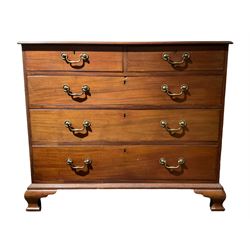 19th century mahogany chest, the rectangular top and moulded edge over two short and three long mahogany lined graduating drawers, raised on ogee supports 