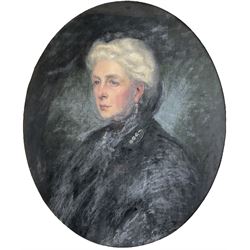 English School (Early 20th century): Portrait of Agnes 2nd Viscountess Halifax Bust Length in Feigned Oval Wearing Black Gown and Pearl Earrings, oil on canvas signed with initials IH and dated 1912, housed in gilt oval frame with cartouche decoration 75cm x 60cm
Provenance: property of a Nobleman