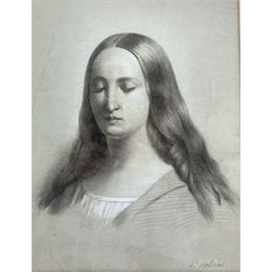 P Holland (Italian School 19th/20th century): Renaissance Style Head and Shoulders Portrait of  Lady, pencil and charcoal heightened in white chalk on grey paper signed 37cm x 29cm