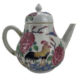 Chinese famille rose teapot, Qianlong period, of pear form with domed cover, the base painted with black cockerels and peonies amongst butterflies and foliage, H13cm. Provenance: From the Estate of the late Dowager Lady St Oswald 