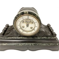 French - mid 19th century 8-day Belgium slate and marble mantle clock, with a drum case and carved volutes on a serpentine plinth, two part enamel dial with moon hands and visible Brocot escapement, striking the hours and half hours on a bell. No pendulum or bell,