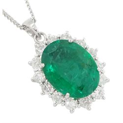 18ct white gold oval emerald and round brilliant cut diamond pendant necklace, emerald approx 3.30 carat, hallmarked
