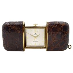 Art Deco gold-plated purse watch by Stowa, stamped US PAT 2640668 US PAT 2719402, in brown snake/crocodile skin case