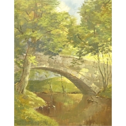 Lewis Creighton (British 1918-1996): Woodland River Scene with Bridge, oil on board signed 49cm x 39cm