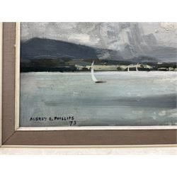 Aubrey R Phillips (British 1920-2005): 'Bright Interval - Derwentwater', oil on panel signed and dated '73, titled verso 28cm x 59cm 