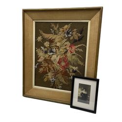 Early 20th century needlework and beaded framed picture circa 1900 by Julia Raven 49cm x 39cm, together with a framed photograph of her (2)