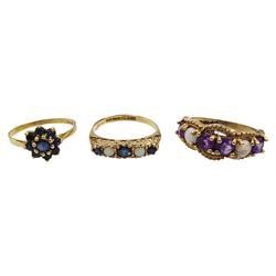 Gold sapphire and opal ring, amethyst and opal ring, cameo brooch, pair of hoop earrings, all 9ct and a silver-gilt blue stone set cluster ring