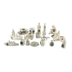 Quantity of World War I crested china including two ambulances, Tommy and his machine gun (2),  Blighty, Peace mug, military drum, Aeroplane etc (19)