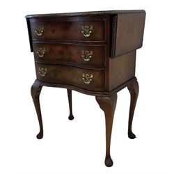 Early 20th century Queen Anne design figured walnut serpentine drop-leaf bedside table, carved moulded edge, fitted with four cock-beaded drawers, on cabriole supports