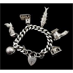 Heavy silver charm bracelet, six charms including fish, boot, football and church
