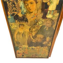 Victorian walnut découpage scrap screen, three folding panels on castors, framed in ebonised and gilt moulded slip